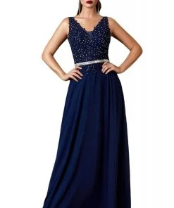 Cinderella Divine - 9173 Long Ornate Lace Bodice Chiffon Dress