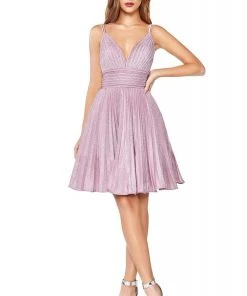 Cinderella Divine - AM391 Plunging V-neck Pleated A-line Dress