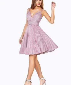 Cinderella Divine - AM391 Plunging V-neck Pleated A-line Dress