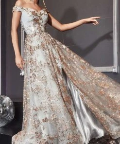 Cinderella Divine - CB069 Embellished Print Off Shoulder Gown 14 Cinderella Divine - CB069 Embellished Print Off Shoulder Gown