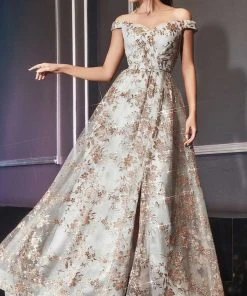 Cinderella Divine - CB069 Embellished Print Off Shoulder Gown 12 Cinderella Divine - CB069 Embellished Print Off Shoulder Gown