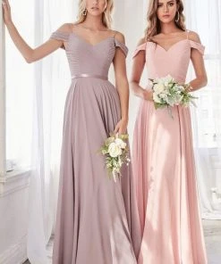 Cinderella Divine - CD0156 Off Shoulder Pleated Bodice Chiffon Dress