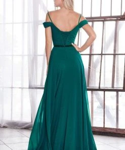 Cinderella Divine - CD0156 Off Shoulder Pleated Bodice Chiffon Dress