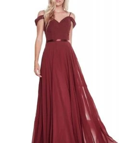 Cinderella Divine - CD0156 Off Shoulder Pleated Bodice Chiffon Dress