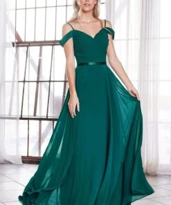 Cinderella Divine - CD0156 Off Shoulder Pleated Bodice Chiffon Dress