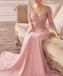 Cinderella Divine - CD0171 Sheer Quarter Beaded Chiffon A-Line Gown