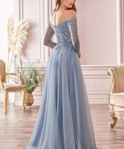 Cinderella Divine - CD0172 Off-Shoulder Beaded Glitter Tulle Gown