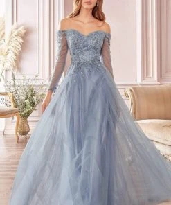 Cinderella Divine - CD0172 Off-Shoulder Beaded Glitter Tulle Gown