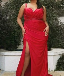 Cinderella Divine - CD941C Ruched Plus Size High Slit Gown 7 Cinderella Divine - CD941C Ruched Plus Size High Slit Gown