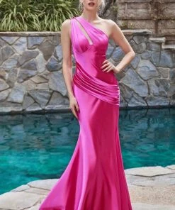Cinderella Divine - CH164 One-Shoulder Fitted Satin Gown 12 Cinderella Divine - CH164 One-Shoulder Fitted Satin Gown