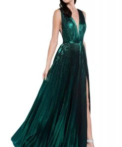 Cinderella Divine - CJ529 Deep V Neck High Slit Metallic Pleated Gown 9 Cinderella Divine - CJ529 Deep V Neck High Slit Metallic Pleated Gown