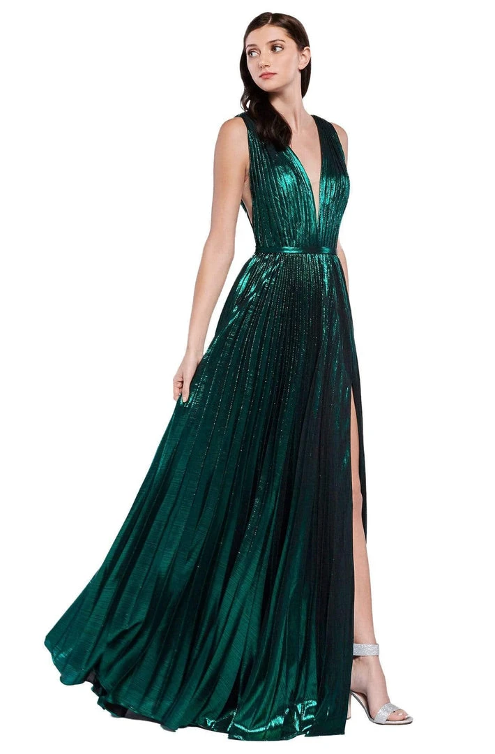 Cinderella Divine - CJ529 Deep V Neck High Slit Metallic Pleated Gown 4 Cinderella Divine - CJ529 Deep V Neck High Slit Metallic Pleated Gown