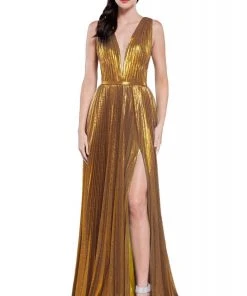 Cinderella Divine - CJ529 Deep V Neck High Slit Metallic Pleated Gown 11 Cinderella Divine - CJ529 Deep V Neck High Slit Metallic Pleated Gown