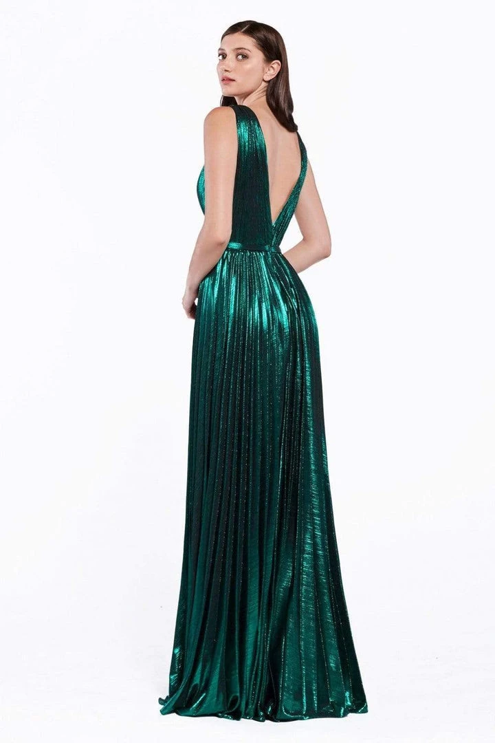 Cinderella Divine - CJ529 Deep V Neck High Slit Metallic Pleated Gown 5 Cinderella Divine - CJ529 Deep V Neck High Slit Metallic Pleated Gown