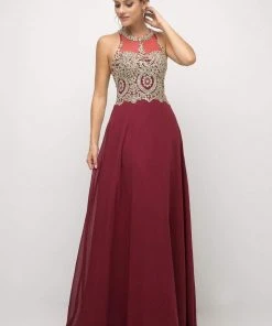 Cinderella Divine - Illusion Jewel Tonal Appliqued Long Evening Gown