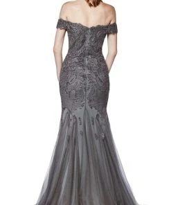 Cinderella Divine - KV1035 Off Shoulder Beaded Lace Tulle Mermaid Gown