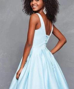 Clarisse - 3613 Illusion Plunging V Neckline Fit And Flare Short Dress