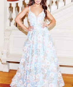 Clarisse - 3700 Embroidered Deep V-neck A-line Dress