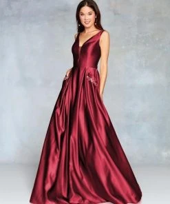 Clarisse - 3741 V Neck Corset Lace Up Back Satin Dress