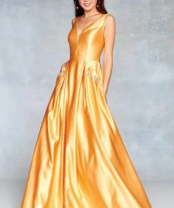 Clarisse - 3741 V Neck Corset Lace Up Back Satin Dress