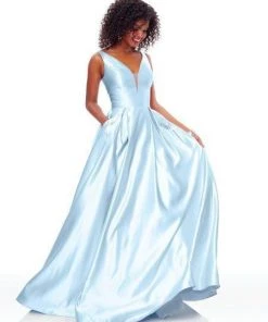 Clarisse - 3741 V Neck Corset Lace Up Back Satin Dress 16 Clarisse - 3741 V Neck Corset Lace Up Back Satin Dress