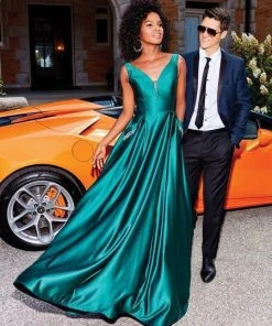 Clarisse - 3741 V Neck Corset Lace Up Back Satin Dress 17 Clarisse - 3741 V Neck Corset Lace Up Back Satin Dress