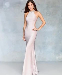 Clarisse - 3745 Embellished Halter Shimmer Jersey Trumpet Dress