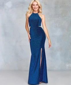 Clarisse - 3789 Lace-Up Halter Shimmer Jersey Gown
