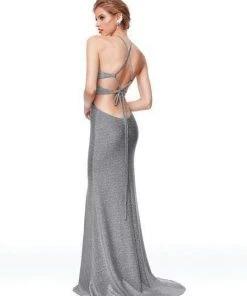 Clarisse - 3789 Lace-Up Halter Shimmer Jersey Gown