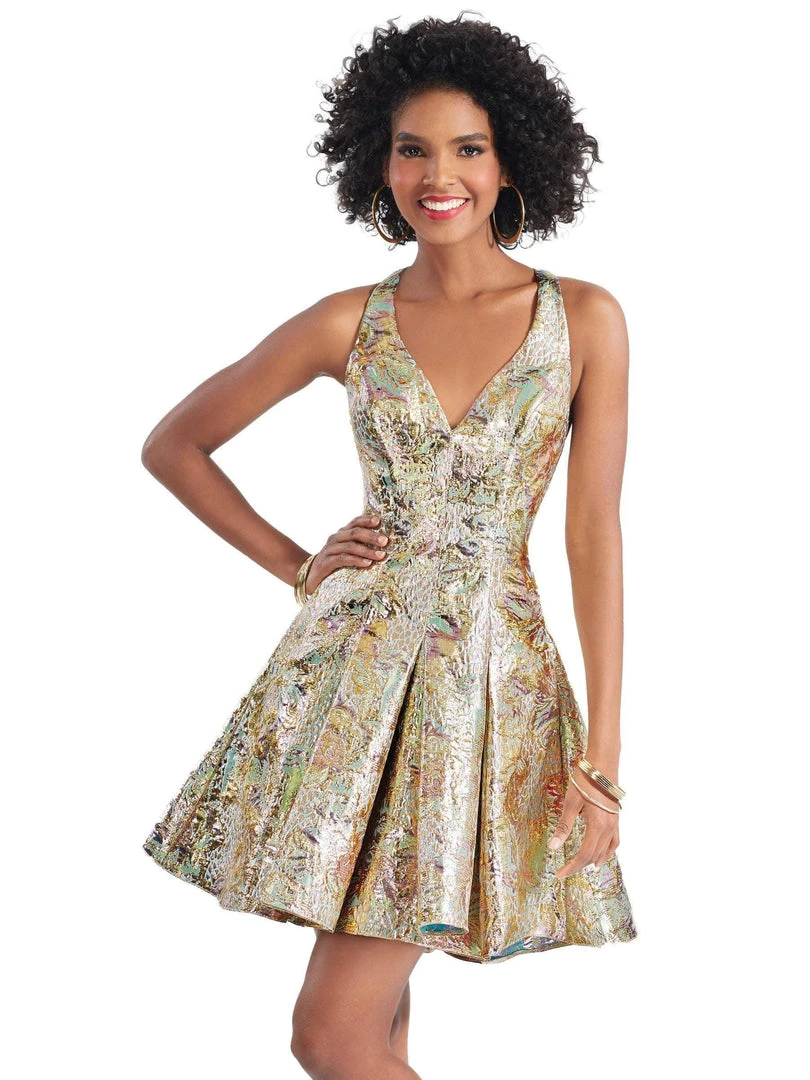 Clarisse - 3903 V-neck Metallic Brocade Pleated A-line Dress 3 Clarisse - 3903 V-neck Metallic Brocade Pleated A-line Dress