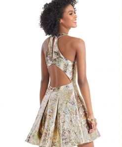 Clarisse - 3903 V-neck Metallic Brocade Pleated A-line Dress 5 Clarisse - 3903 V-neck Metallic Brocade Pleated A-line Dress