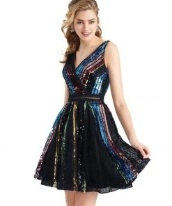 Clarisse - 3948 Sequined V-neck A-line Cocktail Dress