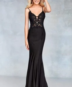 Clarisse - 5003 Lace Deep V-neck Stretch Satin Mermaid Dress