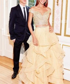 Clarisse - 5048 Two Piece Plunging Off-Shoulder Ruffled A-line Dress