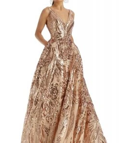 Clarisse - 5105 Plunging V-Neck Pattern-Sequined A-Line Gown