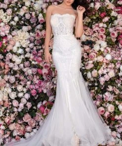 Clarisse - 5119 Scallop-Trimmed Strapless Embroidered Gown