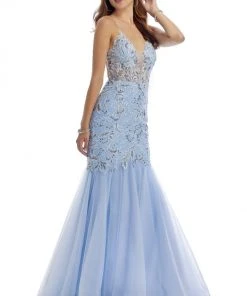 Clarisse - 5129 Sexy V-Neck Sheer Bodice Trumpet Dress