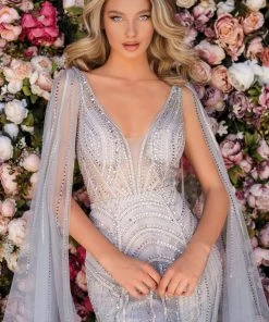 Clarisse - 5157 Sexy V-Neck Caped Bejeweled Trumpet Dress