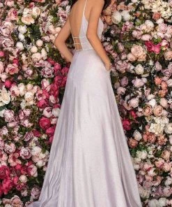 Clarisse - 8008 Plunging Beaded Bodice Metallic A-Line Gown