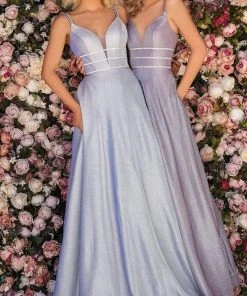 Clarisse - 8008 Plunging Beaded Bodice Metallic A-Line Gown