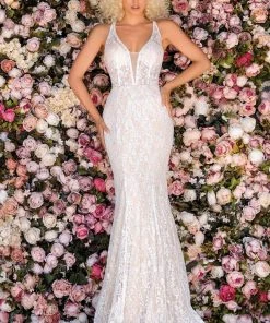 Clarisse - 8016 Sequin Lace Plunging V-Neck Dress