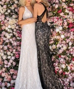 Clarisse - 8016 Sequin Lace Plunging V-Neck Dress