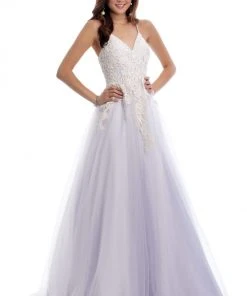 Clarisse - 8034 Sleeveless V Neck Lace Appliqued Tulle Gown 7 Clarisse - 8034 Sleeveless V Neck Lace Appliqued Tulle Gown