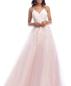 Clarisse - 8034 Sleeveless V Neck Lace Appliqued Tulle Gown