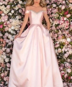 Clarisse - 8057 Off Shoulder Jeweled Crystal Neck Silk Gown