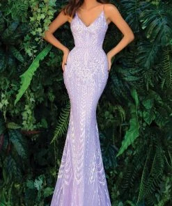 Clarisse - 810103 Patterned Detail Sequined Long Gown