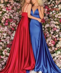 Clarisse - 8141 Deep V-neck Satin Sheath Dress With Train