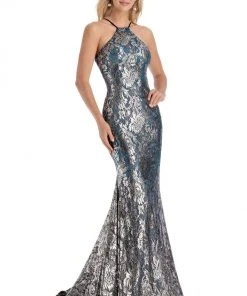 Clarisse - 8171 Embroidered Lace Halter Trumpet Dress