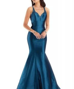 Clarisse - 8195 Beaded Deep V-neck Taffeta Trumpet Dress
