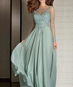 Clarisse - M6215 Bedazzled Sheer Bateau Dress